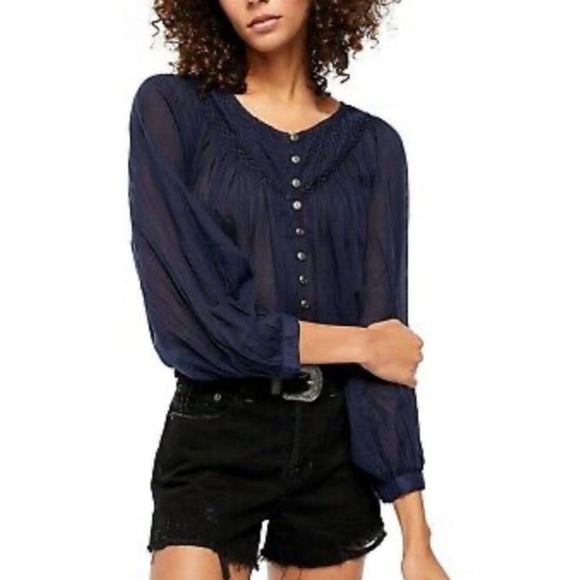 SALE Free People Boho Navy Peasant Tunic Top - Picture 2 of 9